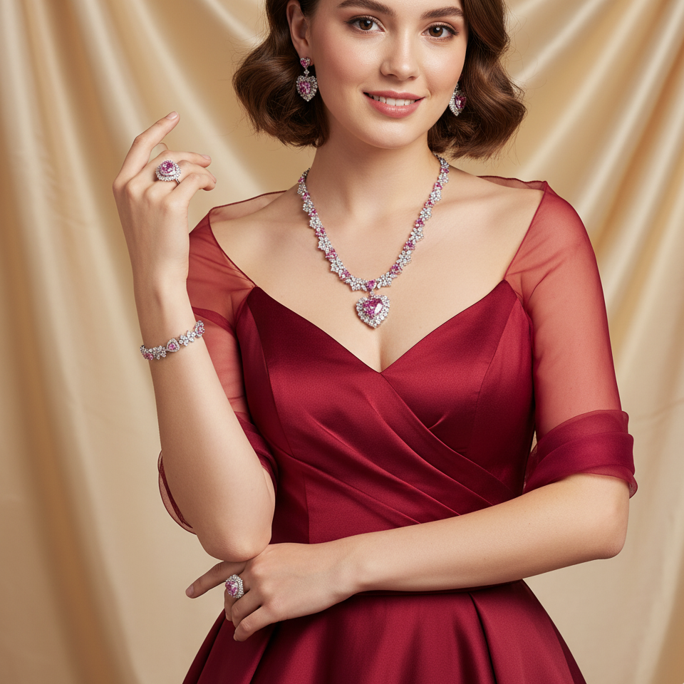 Big Heart Charms Dangling Multi Colorful CZ Jewelry Set Royal Chain Necklace Stud Earrings For Women Girl Gift