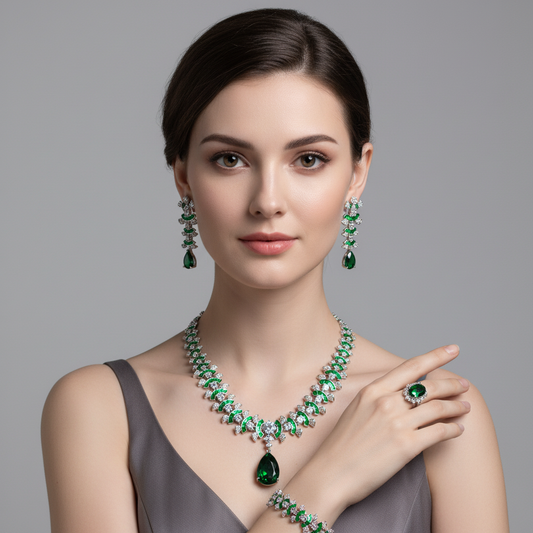 Elegant Rhodium-Plated Copper & CZ Jewelry Set with Red Zircon Focal Points and All-Over Crystal Accents