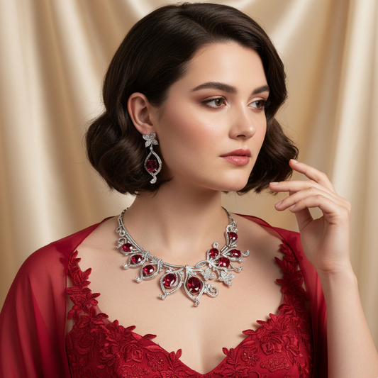 Silver-Tone Multi-Color Cubic Zirconia Flower Shaped Earrings Necklace Jewelry Set Hot Sale Wholesale