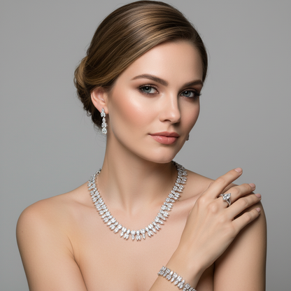 14K Gold-Plated Copper Zircon Jewelry Set with Red & White CZ Alternating Design