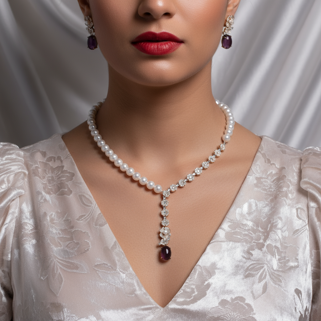 Dangling Pearls With Flower Shaped CZ Necklace Earrings Sets Hot Sale