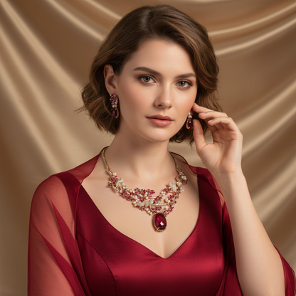 Vintage Flower Shaped Synthetic Zirconia Embellished Necklace Earrings Jewelry Set