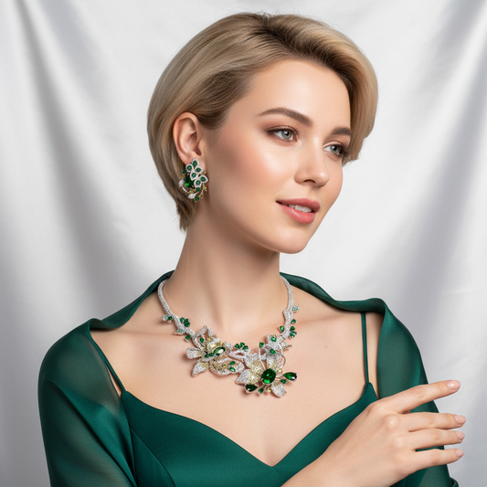 1 Set Gold Flower/Petal Shaped Rhinestone Necklace And Earrings Jewelry Set, Luxurious Bridal/Wedding/Party/Formal Occasion Accessory Gift (Multi-Color Available)
