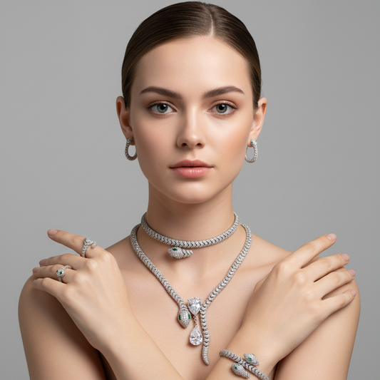 Luxury 14K Gold-Plated Copper Snake Jewelry Set with Zircon and Emerald & Ruby Accents