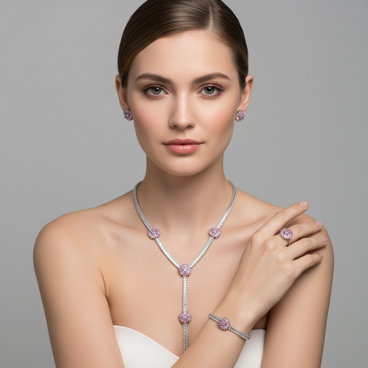 Elegant Rhodium-Plated Copper & CZ Jewelry Set with Emerald Green Accents and Floral Motifs