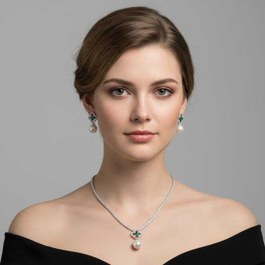 Elegant Rhodium-Plated Copper & CZ Jewelry Set with Red Gemstone Cross and Pearl Drops