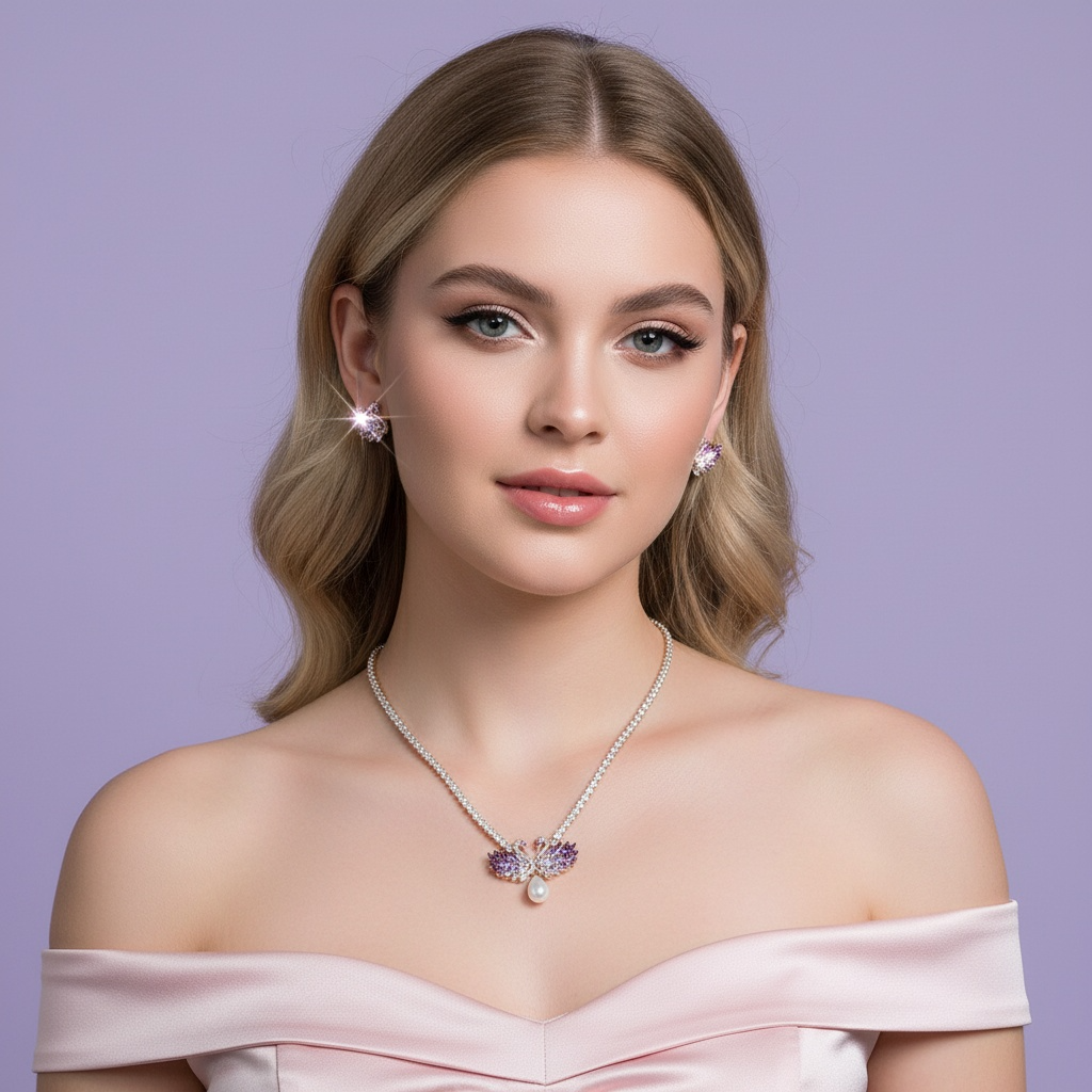 Women's Fashion Elegant Swan Shaped Sparkling Zirconia Earrings Necklace Jewelry Set