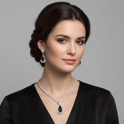 Elegant Rhodium-Plated Copper & CZ Jewelry Set with Pear-Shaped Amethyst Pendant and Matching Teardrop Earrings