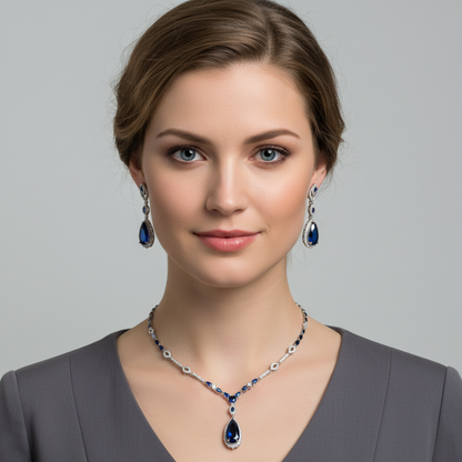 Elegant Rhodium-Plated Copper & CZ Jewelry Set with Pear-Shaped Red Crystal Pendant and Matching Teardrop Earrings