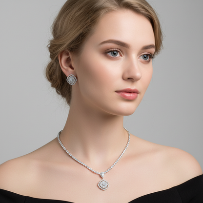 Elegant 14K Gold-Plated Copper Zircon Jewelry Set with Round CZ Pendant and Matching Earrings