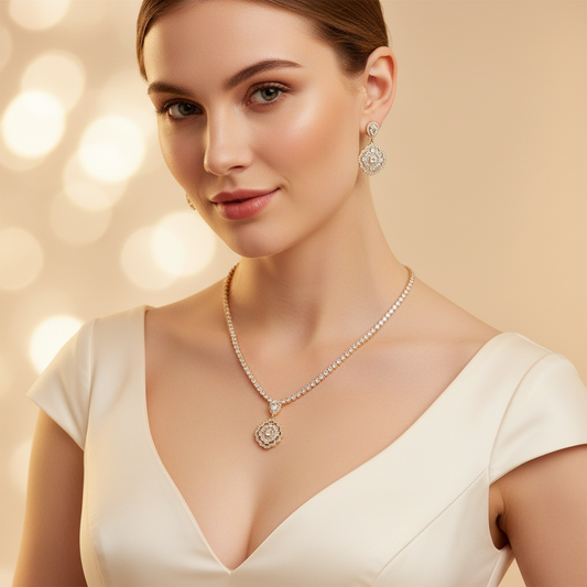 2pcs Copper with Zirconia Earrings & Necklace Jewelry Set