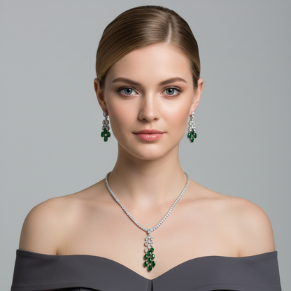 Elegant Rhodium-Plated Copper & CZ Floral Jewelry Set with Emerald Green Gemstone Blooms