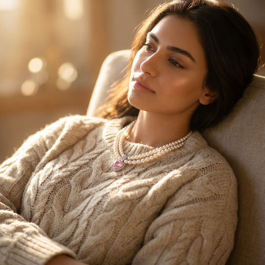 Fashionable Heart Shaped Charm Pendant Pearl CZ Necklace Earring Sets For Women