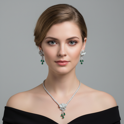 Elegant Rhodium-Plated Copper Floral Jewelry Set with Red Gemstone Accents and Micro-Pave Detailing