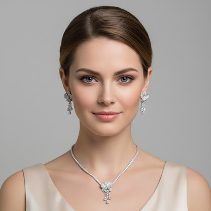 Elegant Rhodium-Plated Copper Floral Jewelry Set with Red Gemstone Accents and Micro-Pave Detailing