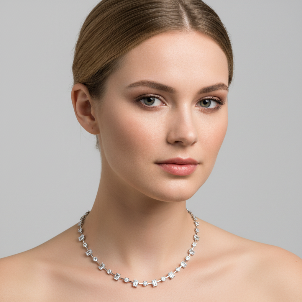 Adjustable Green Gemstone & Zircon Copper Choker Necklace with Square-Cut Accents