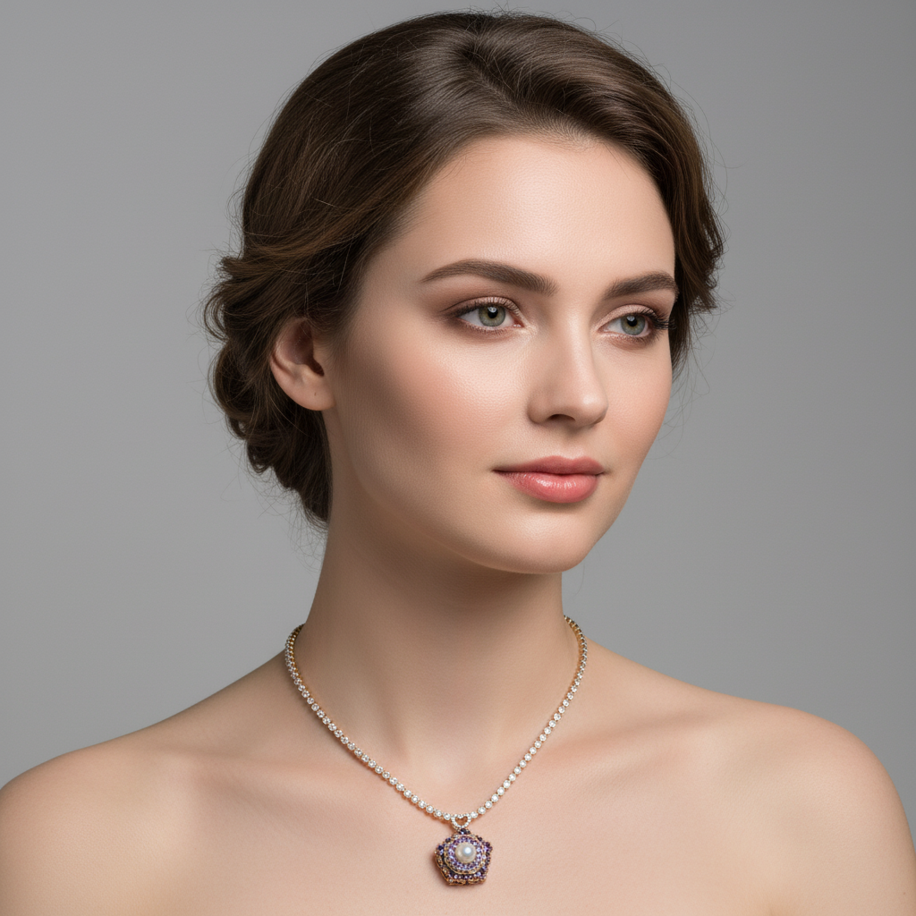 Floral Copper Zircon Statement Necklace with Pink Gem Accents Pearl