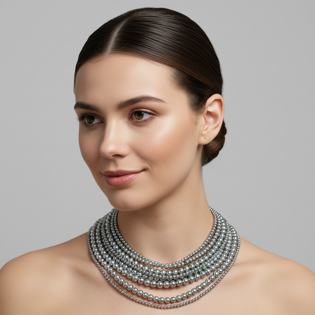 Six-Layer Classic Pearl Necklace with Silver-Tone Clasp & Adjustable Chain