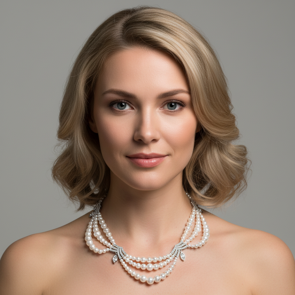 Triple-Layer Pearl Statement Necklace with 14K Gold-Tone Copper Settings & Zircon-Green Gem Accents
