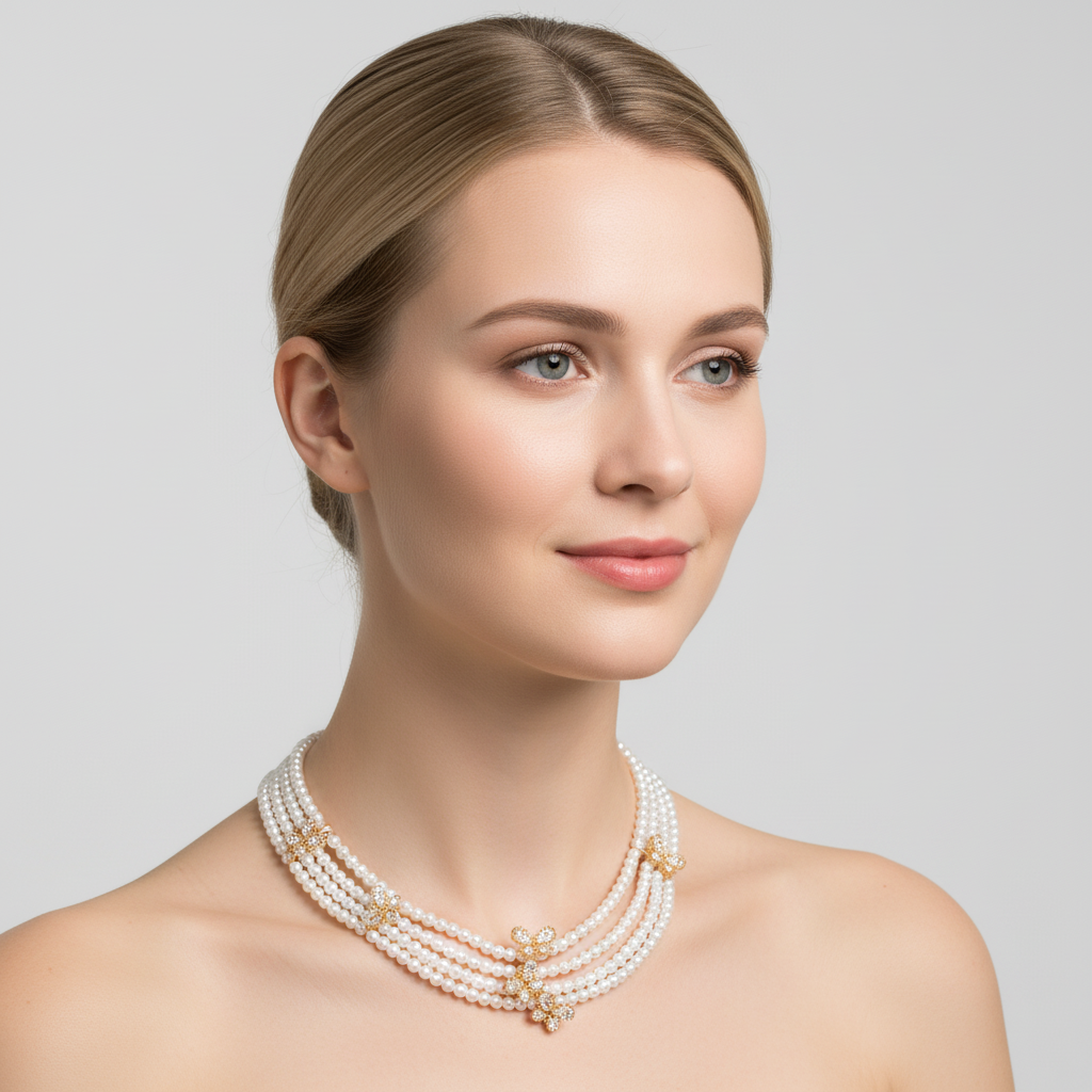 Triple-Layer Pearl Necklace with 14K Gold-Tone Copper Butterfly Charms & Multicolor CZ Accents
