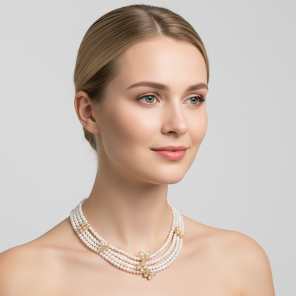 Triple-Layer Pearl Necklace with 14K Gold-Tone Copper Butterfly Charms & Multicolor CZ Accents