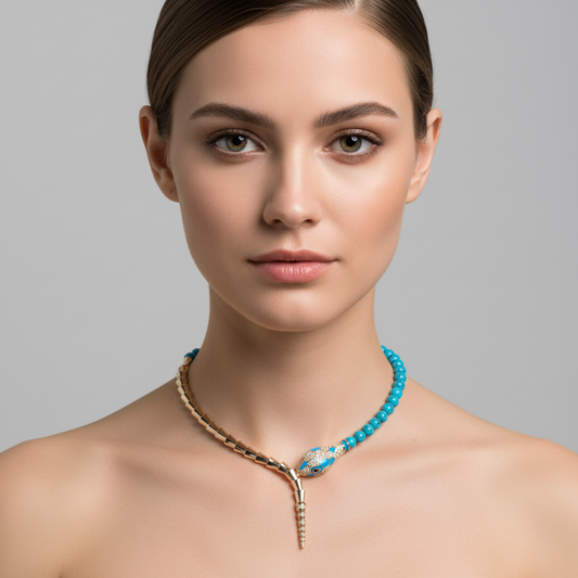 Serpentine Elegance: 14K Gold-Tone Copper Snake Necklace with Zircon & Red Gemstone Accents