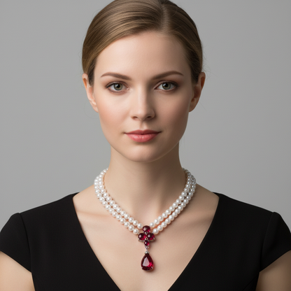 Double-Strand Pearl Necklace with Multicolor Gemstones & Copper CZ Pendant