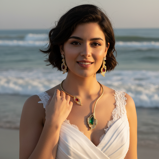 Leaf Shaped Multi Color Cubic Zirconia Diamond Choker Necklace Earrings Sets Wholesale Women