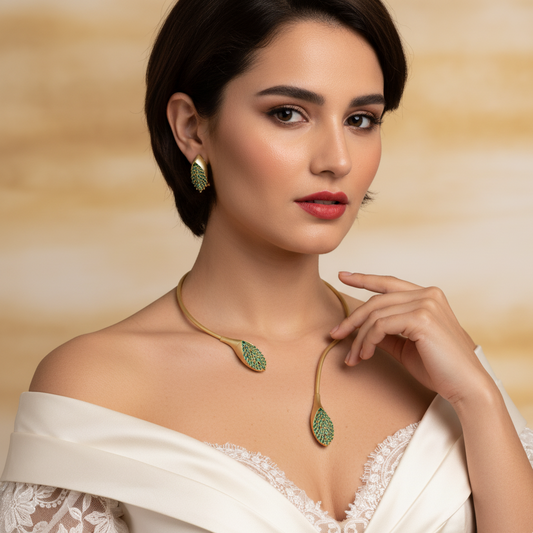 Green Cubic Leaf Shaped Gorgeous Mesh Gold Plated Wire Choker Necklace Earrings Women Wholesale