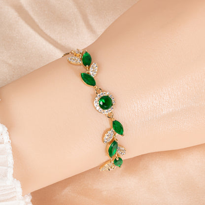 Nature-Inspired Leaf & Berry Copper Bracelet with Green/White Zircon Accents & Adjustable Chain