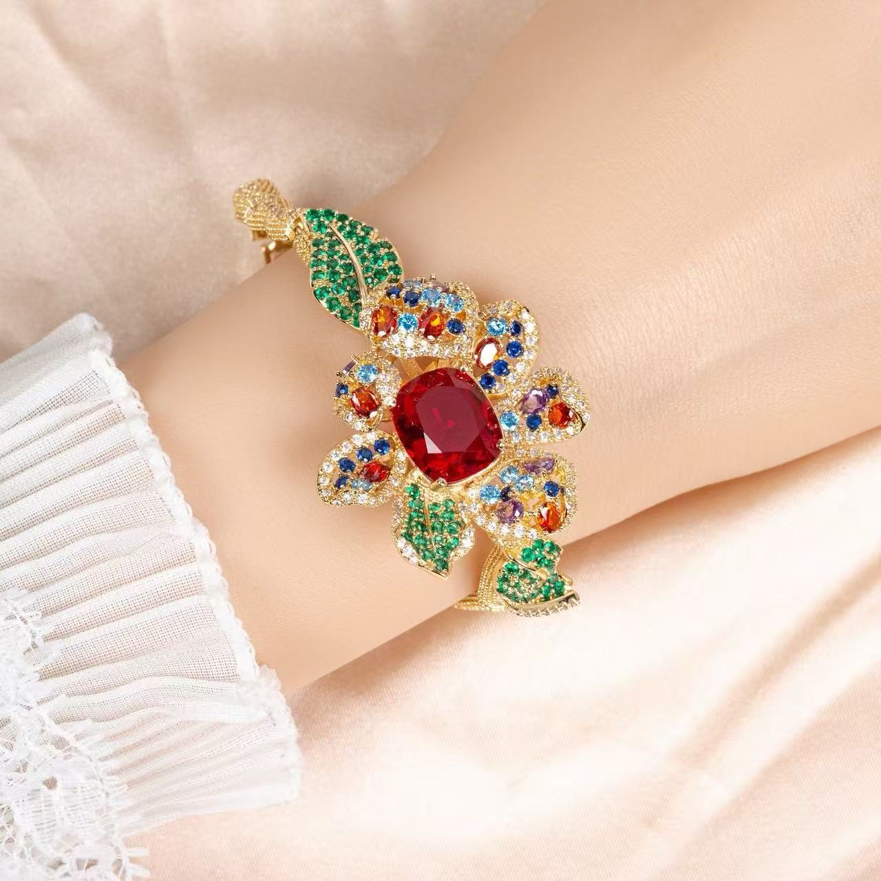 Vibrant Floral Zircon & Copper Bracelet with Multi-Gem Blossom and Leaf Motifs for Bohemian Style & Festive Occasion Wear
