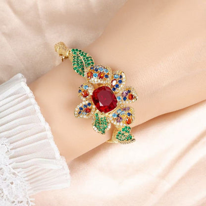 Vibrant Floral Zircon & Copper Bracelet with Multi-Gem Blossom and Leaf Motifs for Bohemian Style & Festive Occasion Wear