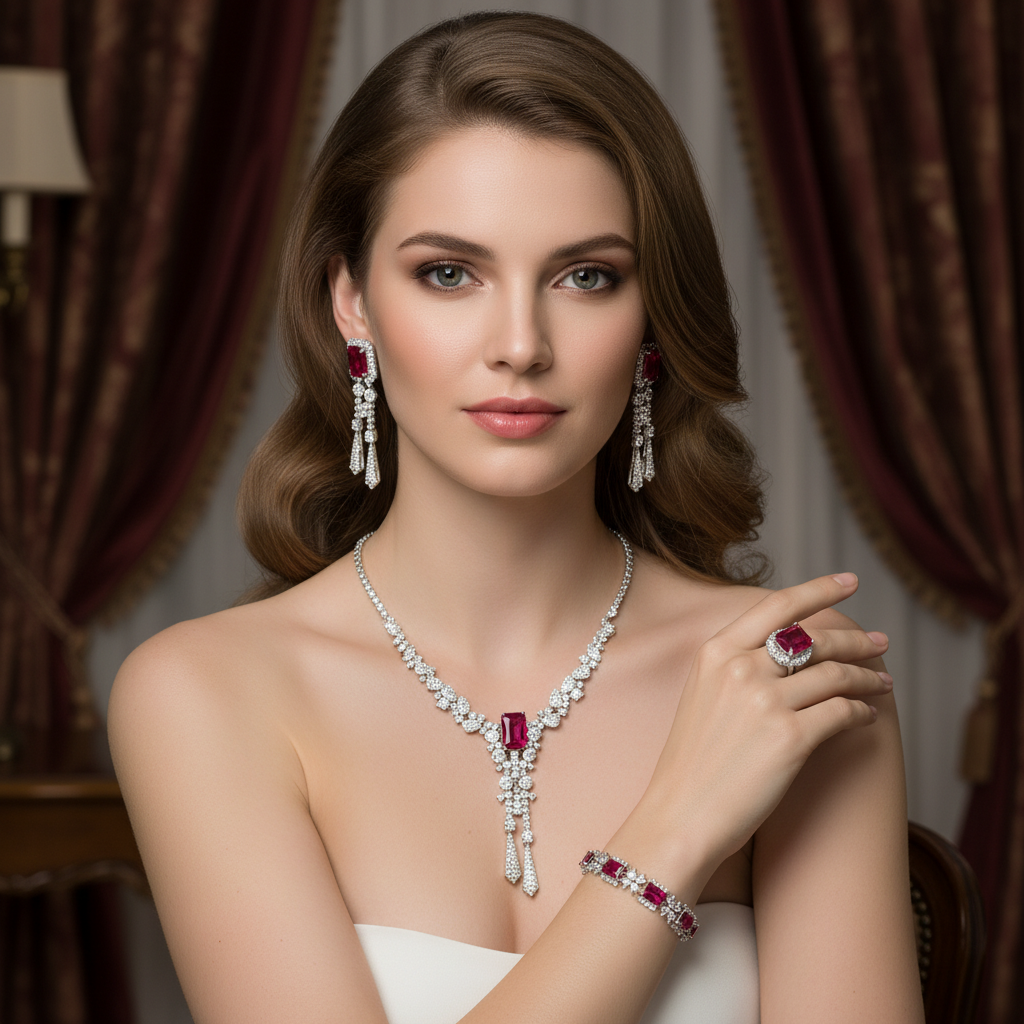 4pc Copper with Zirconia Earrings & Necklace Jewelry Set