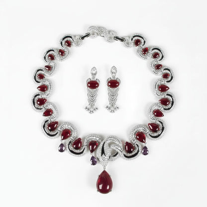 Vintage Style Rhodium Plated Zirconia & Red Crystal Jewelry Set, Necklace and Earrings