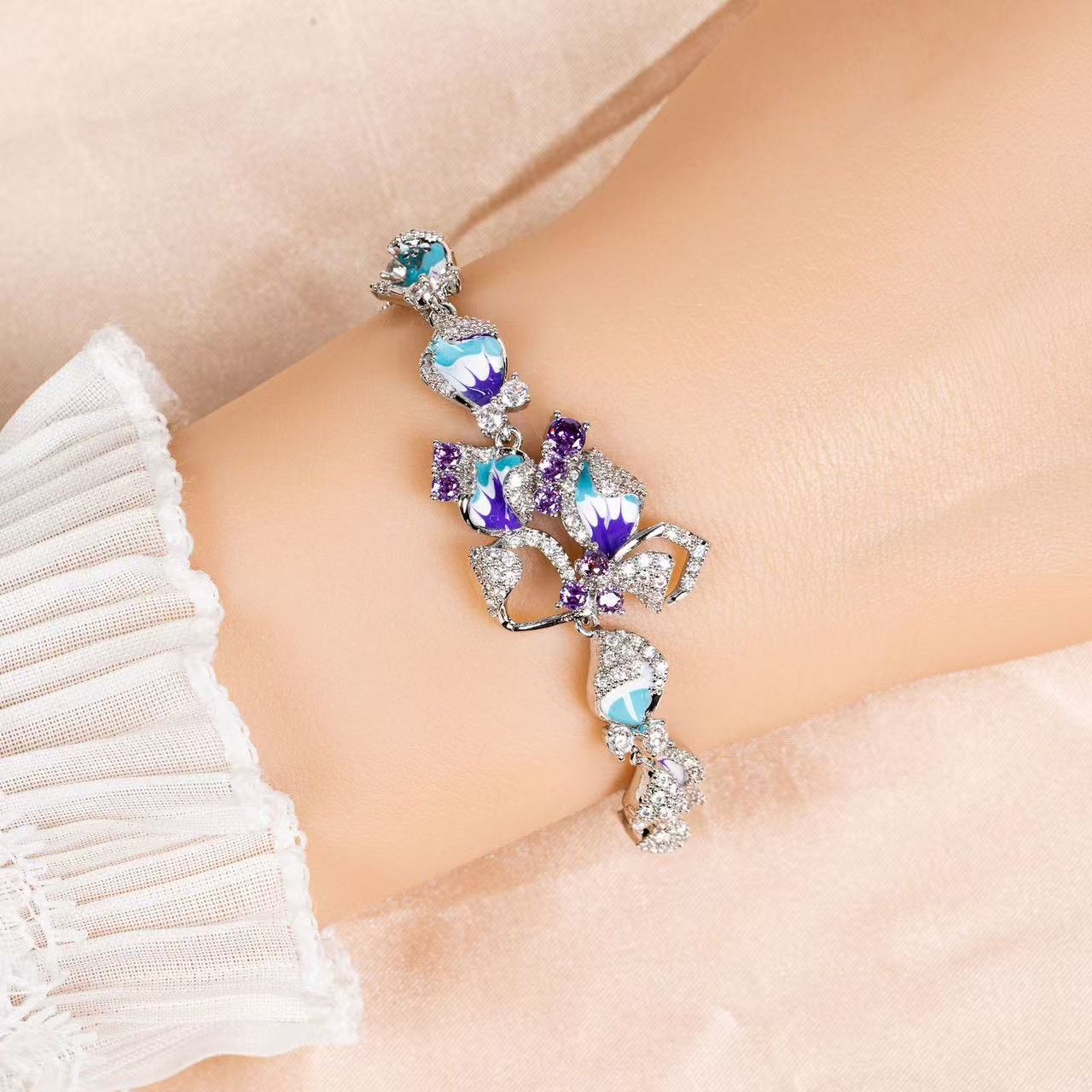 Crystal Floral Copper Bracelet with Pink-Purple Gradient & Diamond-Cut Zircon Halos for Romantic Occasions & Daily Elegant Wear