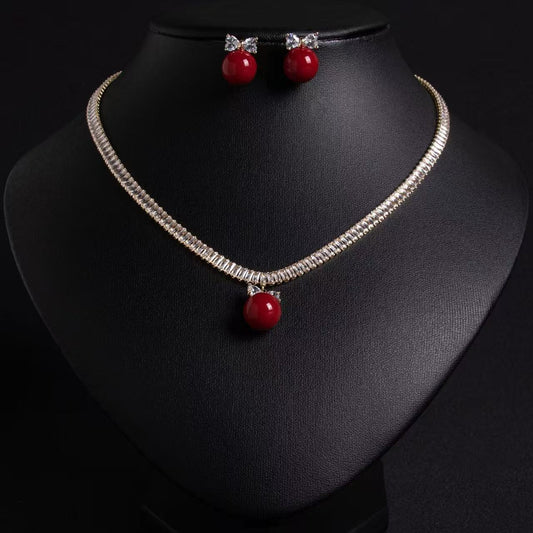 14K Gold-Plated Copper & CZ Jewelry Set with Red Bead Accents and Necklace & Earrings